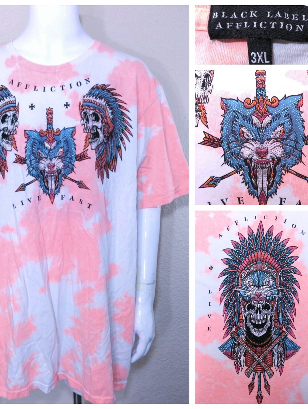 BLACK LABEL AFFLICTION T Shirt 3XL Rhinestone Crystal Skull Mens XXXL Tie Dye SS